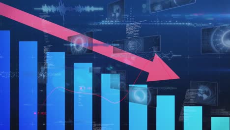 Animation-of-financial-data-processing-and-scope-scanning-on-blue-background