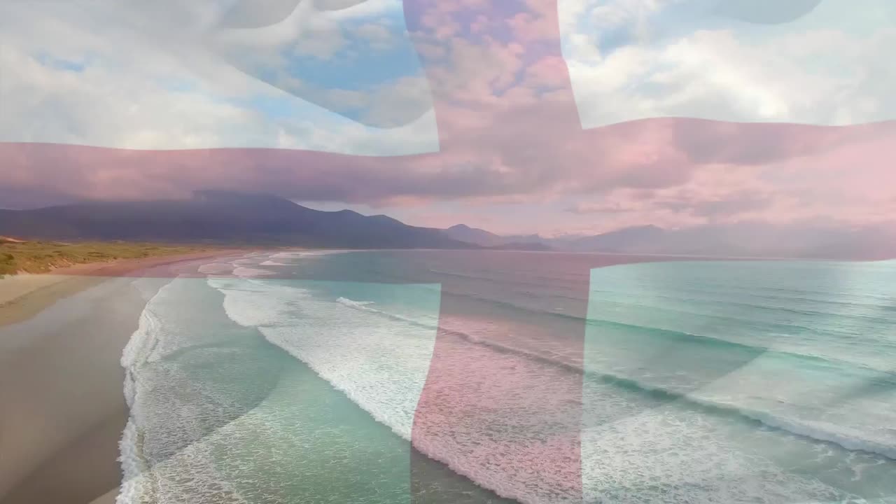 animación de la bandera de inglaterra ondeando sobre el paisaje de la playa, el mar y el cielo azul nublado