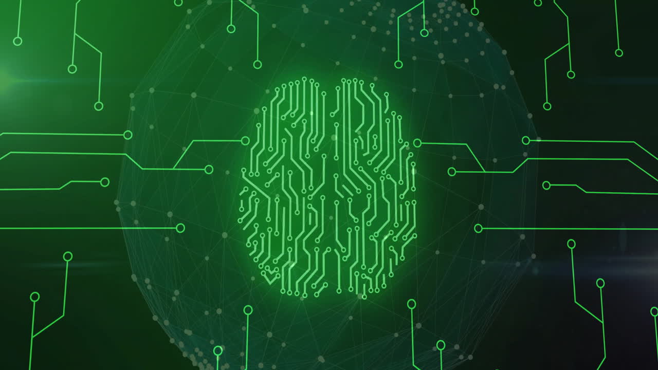 Animation of biometric brain, digital data processing over circuit board