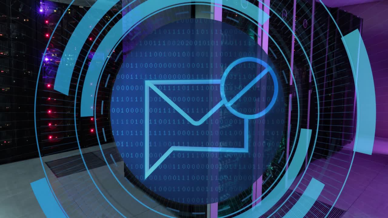 animación del icono de correo electrónico en círculos sobre los servidores