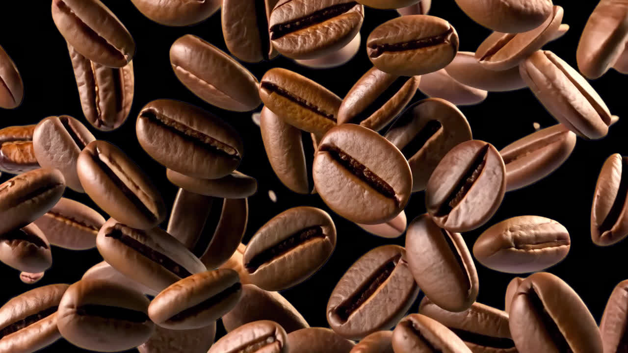 Floating aromatic coffee beans art animated overlay, transparent 4K video, alpha channel, ProRes