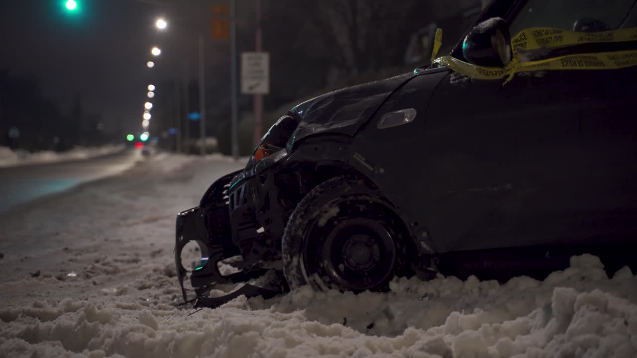 secuelas de un accidente automovilístico mva en una noche de invierno nevada con semáforo y luces de la calle en segundo plano en un entorno urbano