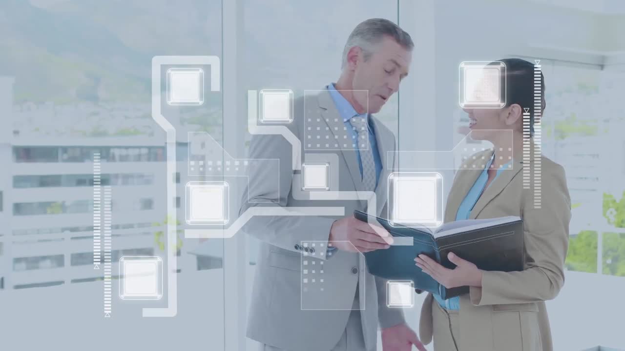 animación del procesamiento de datos financieros sobre hombres de negocios caucásicos hablando