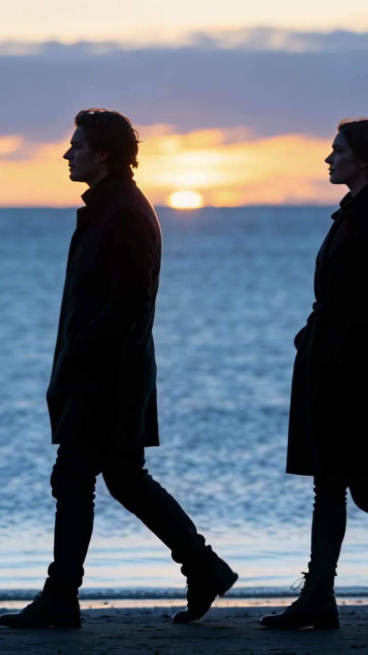 Vertical video: Walking two men in long dark coats along wet sand for sunset walk as sun sinking