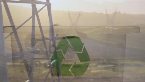 animación de un cartel de reciclaje verde sobre una caja con botellas de plástico y pilones eléctricos