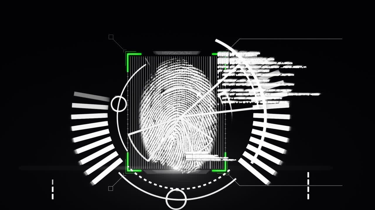 Animation of biometric fingerprint, scope scanning and data processing over black background