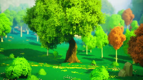 lush green forest with colorful trees and a prominent oak in bright sunlight