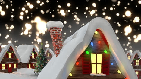 Animation-of-stars-falling-colorful-lights-over-houses-with-fairy-lights