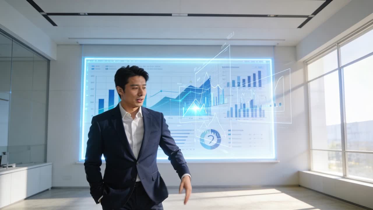 Shifting weight, Asian presenter in navy suit gesturing toward 3D charts in office, presenting data