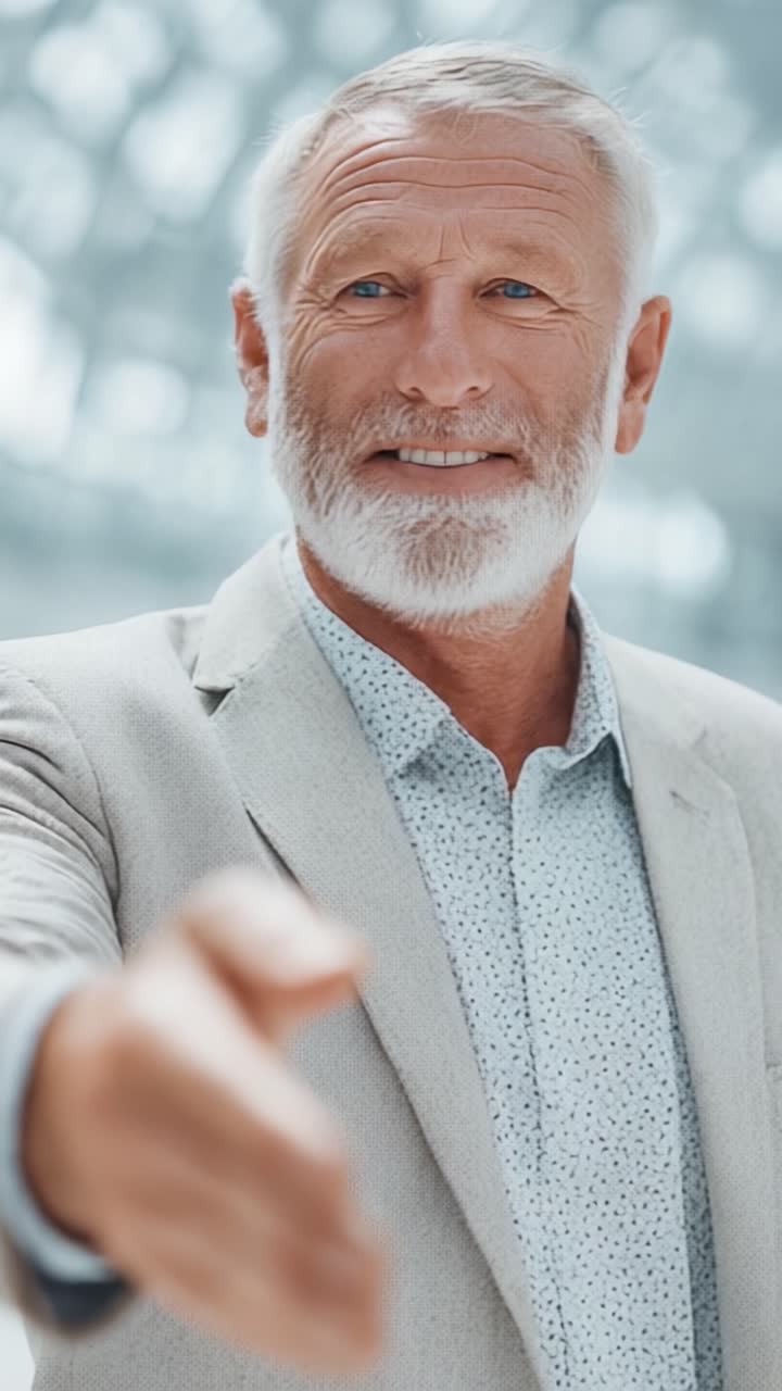 A confident older man with a warm smile extends his hand for a friendly greeting, symbolizing connection, approachability, and positive relationships in a modern environment