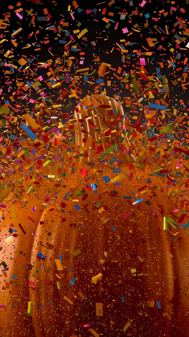 Vertical video: On cue confetti raining around gold statuette in studio, celebrating victory
