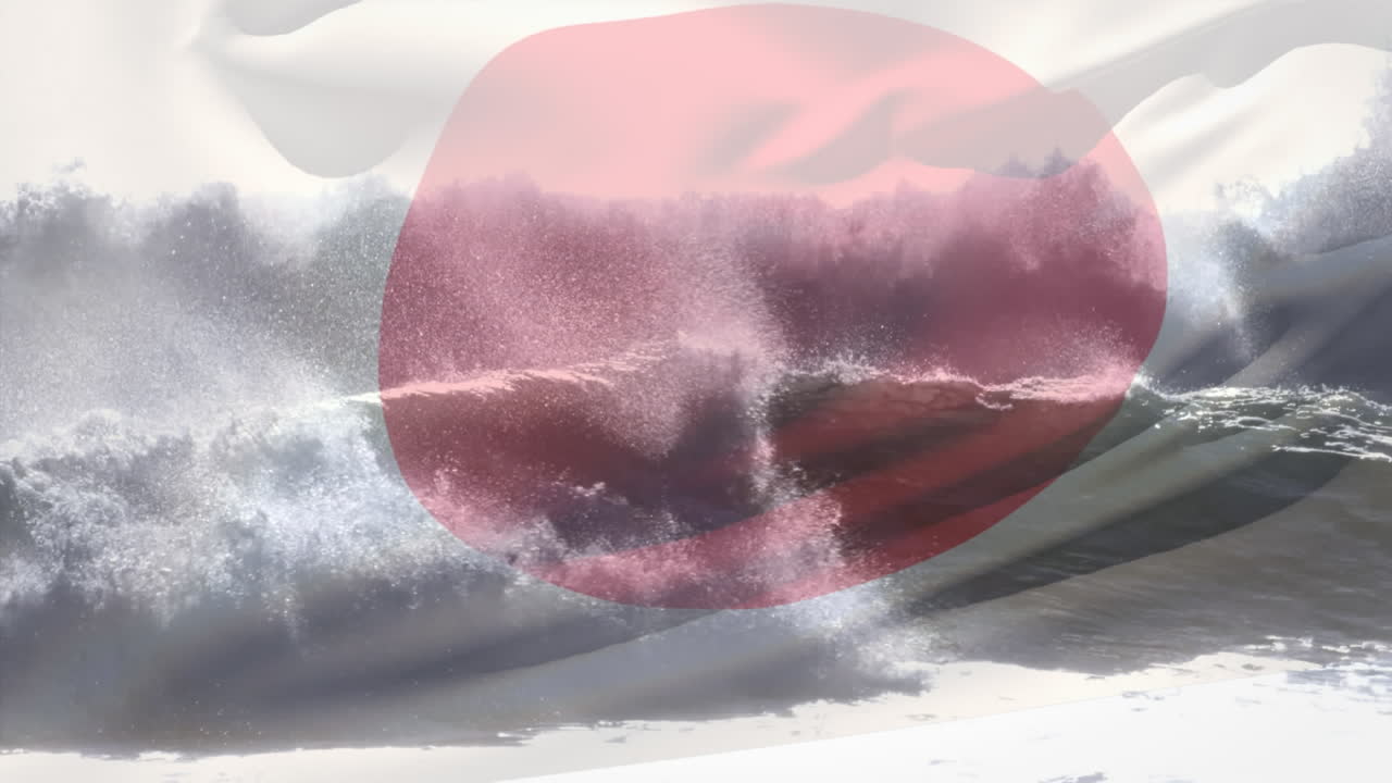 composición digital de la bandera de japón ondeando contra la vista aérea de las olas en el mar
