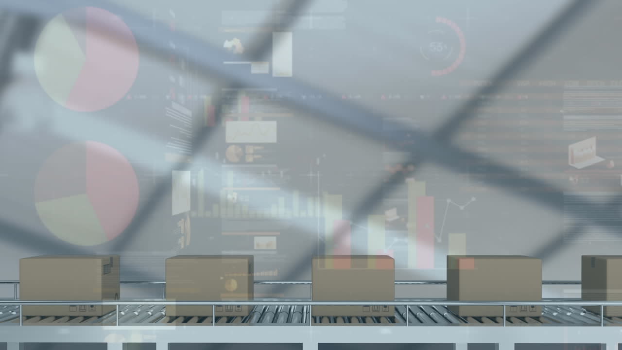 컨베이어 벨트에 있는 카드보드 상자 위에서 통계 처리의 애니메이션