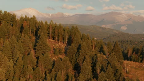 Cinematic-aerial-drone-parallax-right-first-snow-on-Denver-Mount-Blue-Sky-Evans-14er-peak-early-autumn-fall-beautiful-golden-yellow-morning-sunrise-day-Colorado-Rocky-Mountains-right-motion