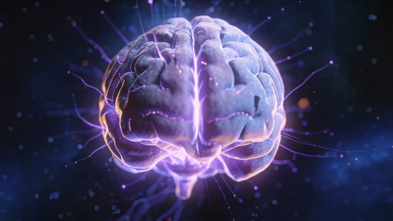 Rotating brain model responding to initial purple glow, revealing luminescent filaments in nebula