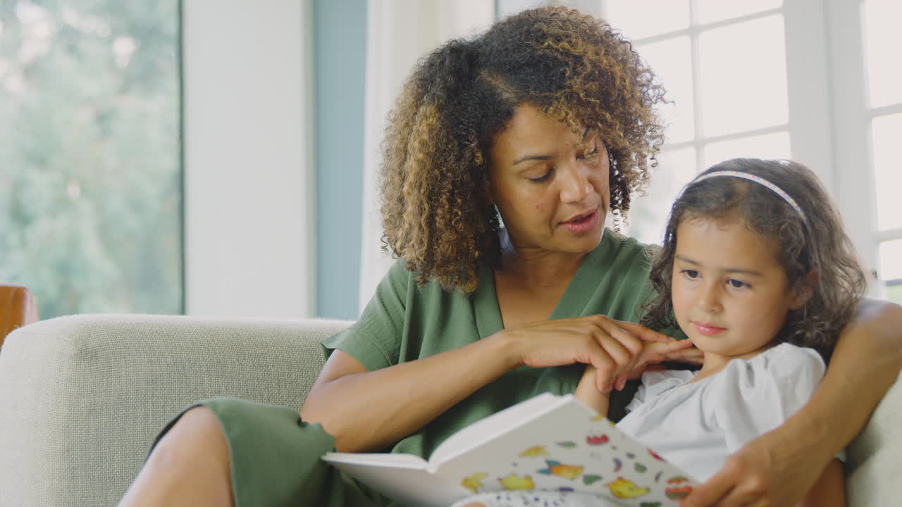 madre e hija sentadas en el sofá en casa leyendo un libro juntos