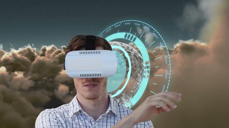 Animazione di uomo che usa un visore VR e orologio blu su cielo nuvoloso