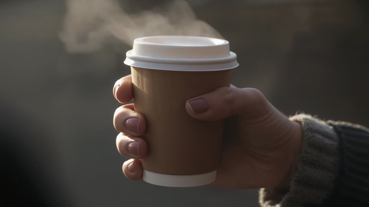 Mano con manicotto in maglia che stringe una tazza fumante con coperchio all'esterno, vapore che sale per mantenere calda la bevanda