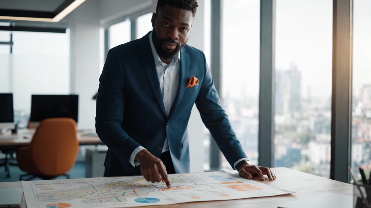 Focused Professional Analyzing Strategic Plans on a Large Map in a Modern Office Setting with City View