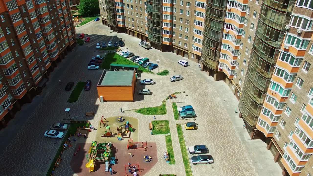 New apartment building. Aerial view of multi storey residential building
