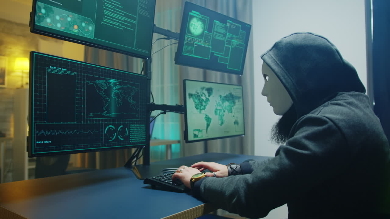 Side view of masked hacker writing a dangerous malware