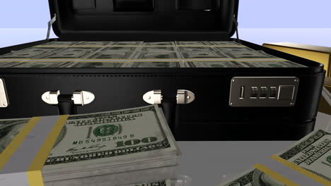 animation of suitcase full of money, american $100 note  s in stacks near the case and inside of it, two golden bars, reflective background, money and fortune concept.