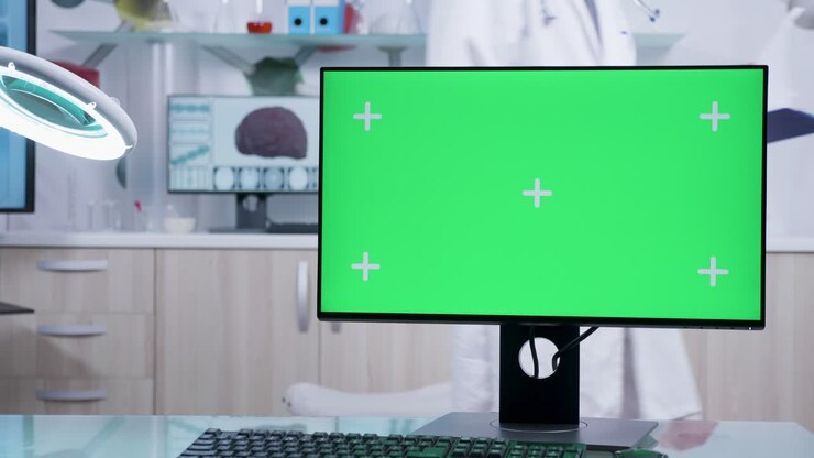 Computer con schermo verde in laboratorio medico