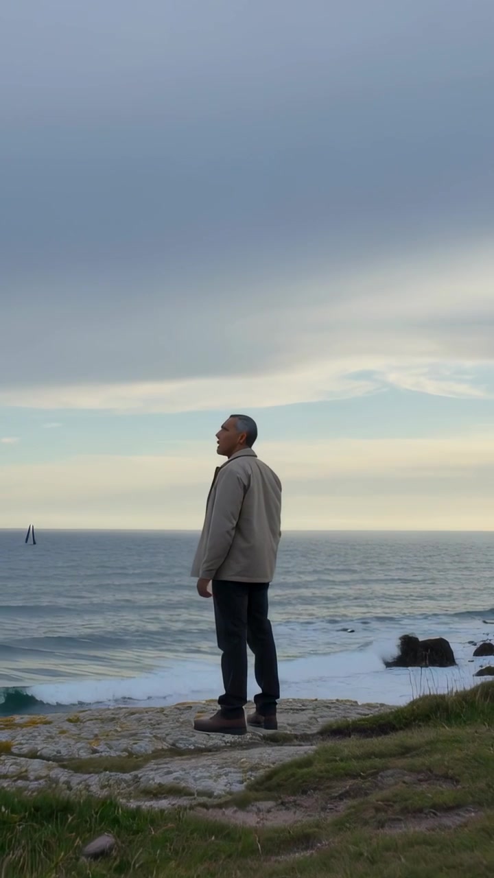 Video vertical: Hombre girando y cambiando de peso, contemplando las olas en un acantilado, con chaqueta y vaqueros, velero a la izquierda.