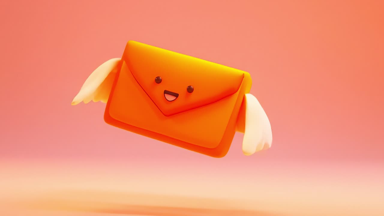 A Cheerful Animated Envelope with Wings Representing Joyful Delivery and Communication, Set Against a Soft Gradient Background Evoking Positivity and Whimsy