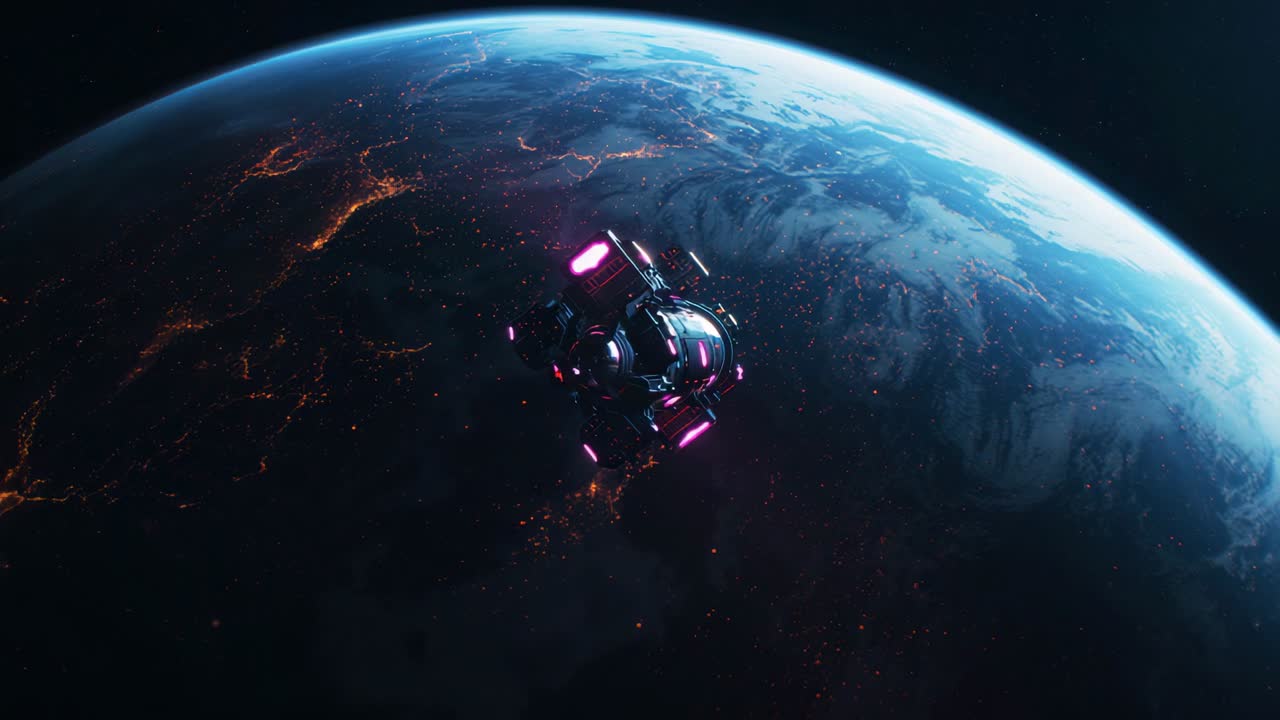 Emerging from space small modular spacecraft holding low orbit above planet, pulsing pink thrusters