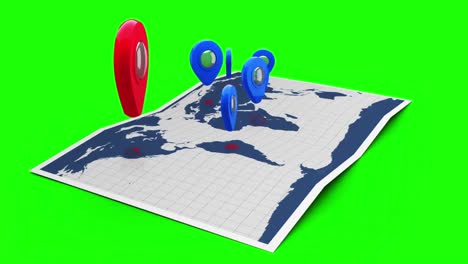 puntero rojo en un mapa del mundo rodeado de marcadores azules