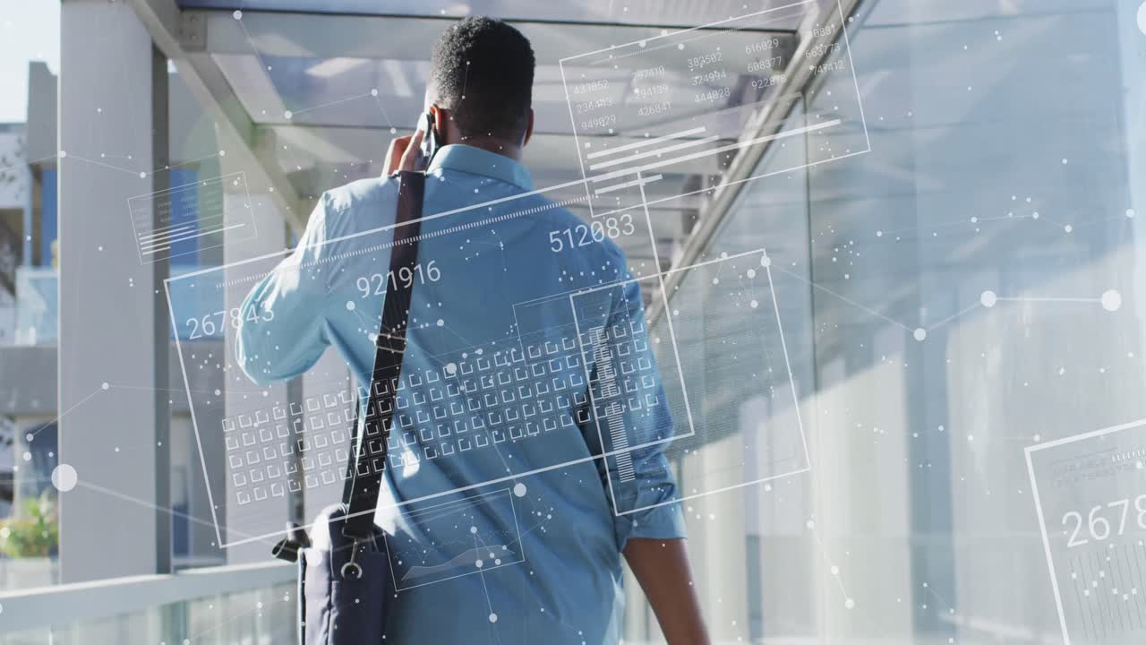 animación del procesamiento de datos financieros sobre un empresario biracial en el aeropuerto