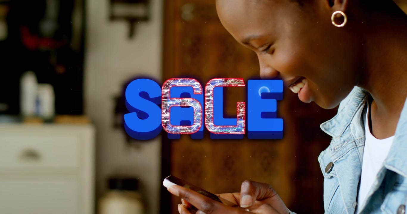 Animazione del testo "sale" e "6G" sovrapposto a una donna afroamericana che usa uno smartphone.