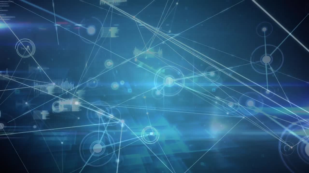 animación de la red de conexiones con iconos y procesamiento de datos sobre fondo azul