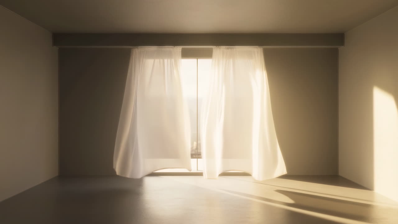 Sunlight Streaming Through Sheer Curtains Into Empty Minimalist Apartment, Warm Golden Hour Light, Gentle