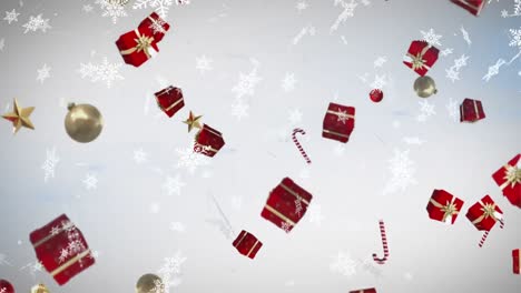 copos de nieve y múltiples iconos de concepto de navidad cayendo contra un fondo gris