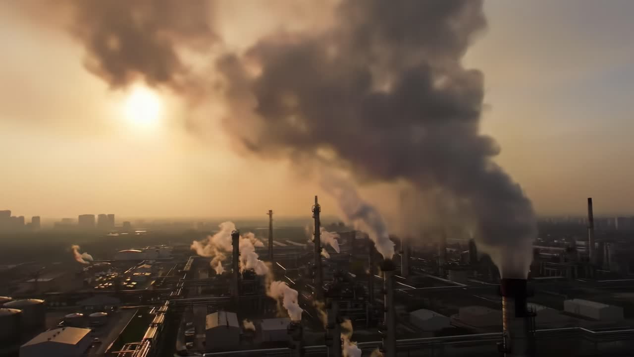 Industrial Landscape at Dusk: Industrial Towers and Emissions Against a Sunset Sky, Showcasing the Environmental Impact of Manufacturing Activities
