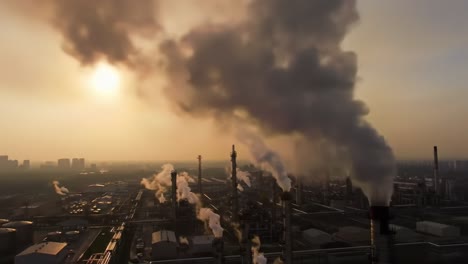 industrial landscape at dusk: industrial towers and emissions against a sunset sky, showcasing the environmental impact of manufacturing activities