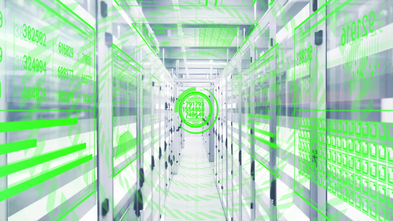 In futuristic server room, processing digital data with green holographic elements