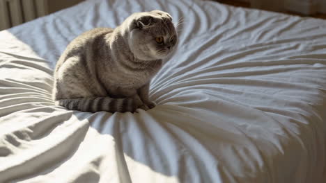 grey scottish fold cat on a white bed