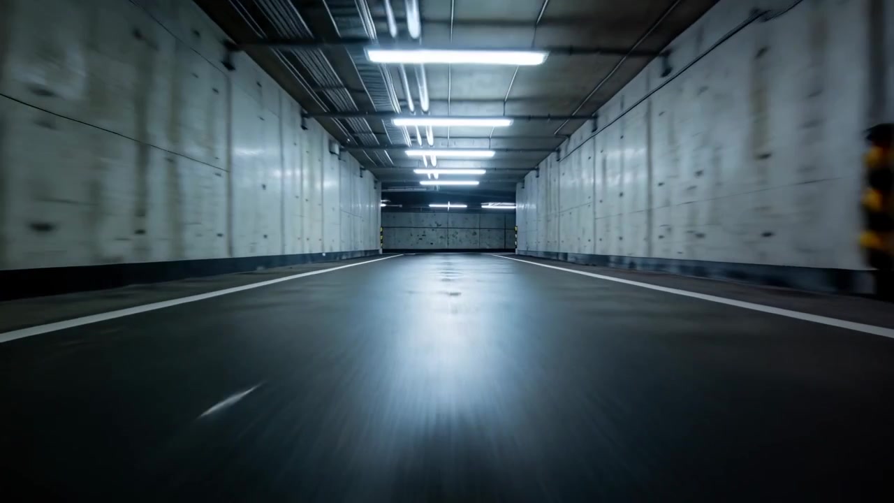 Telecamera bassa che parte vicino al pavimento, scivolando attraverso il garage, mostrando asfalto, colonne, saracinesca.