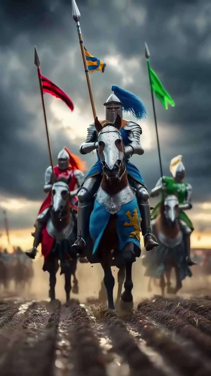 Grupo de caballeros medievales montando a caballo en un campo de batalla