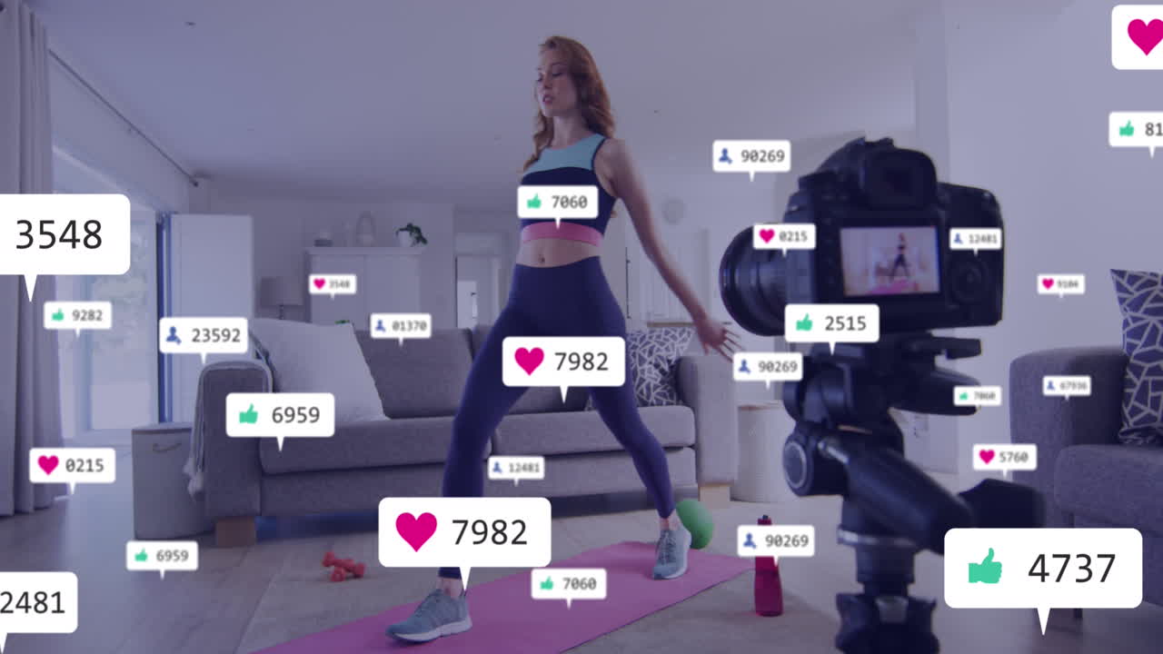 집에서 카메라로 요가를 녹화하는 백인 여성에 대한 알림 바의 애니메이션