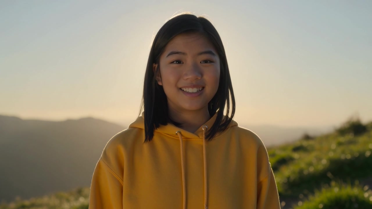 Telecamera in panning che riprende un adolescente asiatico che si gira, risponde e ride su una collina erbosa con una felpa gialla