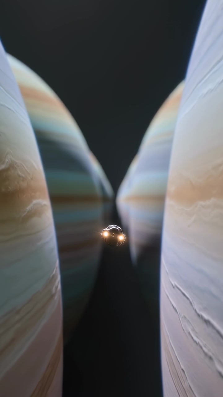 Vertical video: Engine glow trailing, ship navigating between banded arcs with two front lights