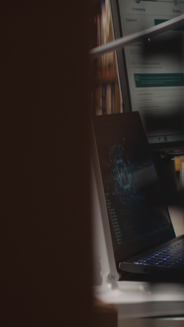 Vertical Video Asian warehouse worker uses AI virtual assistant to help manage inventory