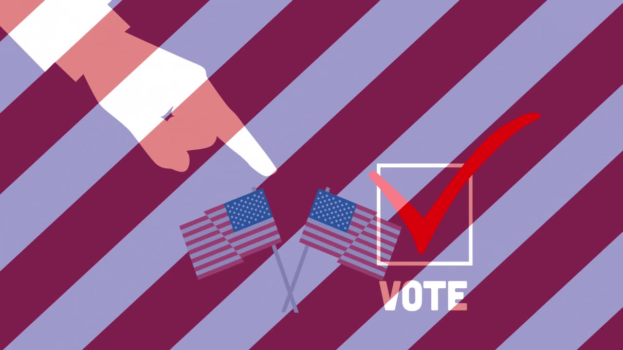 Animation of hand, vote and american flags over red, white and blue striped background