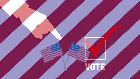Animation-of-hand,-vote-and-american-flags-over-red,-white-and-blue-striped-background