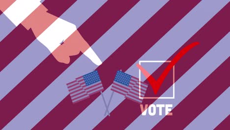 animation of hand, vote and american flags over red, white and blue striped background