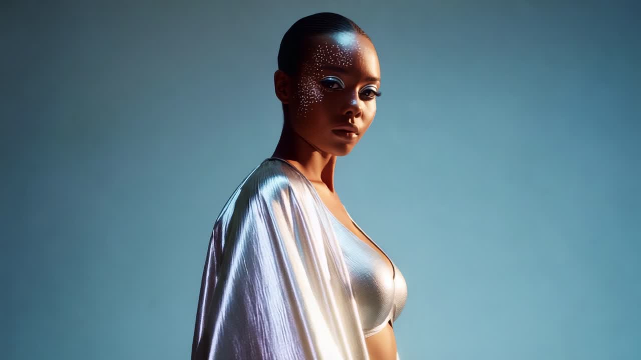 Striking Portrait Series Showcasing Model with Metallic Gown and Artistic Body Art, Capturing Bold Femininity and Modern Aesthetics in a Theatrical Setting